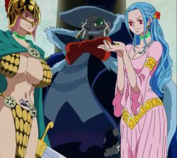  bikini_armor blue_hair breed_(one_piece) collar dress empty_eyes femsub helmet hypnotic_accessory kanoebael large_breasts maledom manip multiple_girls navel nefertari_vivi one_piece pink_hair rebecca_(one_piece) screenshot sword tattoo theflagmaker whip 