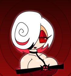 aged_up alternate_costume bare_shoulders choker cleavage collarbone expressionless eyelashes eyeshadow hair_covering_one_eye hypnoscream large_breasts multicolored_hair open_mouth red_background red_eyes ring_background ring_eyes sage_(sonic_frontiers) sonic_the_hedgehog_(series)