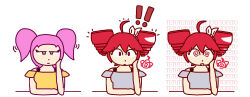 ahoge before_and_after drill_hair droolywhirlpool female_only femsub green_eyes hair_ribbon identity_swap long_hair looking_at_viewer mantra open_mouth original pink_hair red_eyes red_hair ribbon shirt simple_background solo spiral_eyes teto_kasane transformation twintails vocaloid white_background