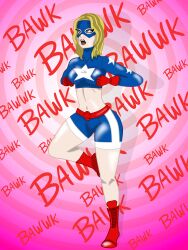  absurdres blonde_hair blue_eyes chicken_pose crossed_eyes dc_comics embarrassed humiliation mask midriff open_mouth pet_play saltygauntlet shorts spiral stargirl super_hero text thick_thighs 