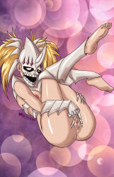 bleach blonde_hair breasts corruption el_oztoatl femsub hiyori_sarugaki hollowfication mask masturbation open_mouth pussy pussy_juice small_breasts spread_pussy twintails white_eyes
