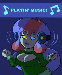  animated animated_gif blue_hair breasts cleavage cleavage_cutout femsub headphones hypnotic_audio hypnotic_music kaa_eyes large_breasts multicolored_hair music naomi_(penken) open-chest_sweater open_mouth original penken text very_long_hair 