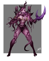 armor breasts cleavage corruption demon elf_ears femsub horns large_breasts long_tongue nightmare_fuel non-human_feet purple_hair purple_skin short_hair sister_of_battle slaanesh solo tentacles tongue tongue_out warhammer_40k z-roger