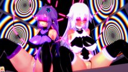  3d arms_behind_back black_heart blush breasts breath cables clothed_exposure collar corruption drool erect_nipples_under_clothes female_only femsub gloves hair_ornament headphones high_heels huge_breasts hyperdimension_neptunia koikatsu! large_breasts leotard long_hair monitor multiple_girls multiple_subs numbersguy open_mouth purple_hair purple_heart pussy pussy_juice sitting spiral spiral_background spread_legs tech_control thigh_boots thighhighs tongue tongue_out twin_braids visor white_hair 