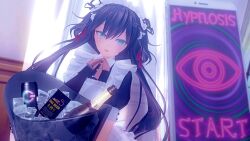 3d apron black_hair blue_eyes bow_tie clothed custom_maid_3d_2 cyan_eyes dazed english_text environmental_text female_only femsub green_eyes hair_ornament hypnotic_app long_hair maid maid_headdress open_mouth original phone pov pov_dom rieserotte spiral_eyes text twintails very_long_hair