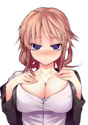 blush breasts brown_hair cleavage dazed female_only femsub large_breasts long_hair manip solo spiral_eyes symbol_in_eyes tiechonortheal_(manipper)