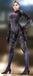 3d blonde_hair blue_eyes bobyshal bodysuit breasts expressionless female_only femsub glowing hand_on_hip jill_valentine looking_at_viewer p30 ponytail resident_evil resident_evil_5 solo standing weapon