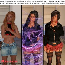 3d abs absurdres angry bare_shoulders before_and_after black_hair breasts cleavage comic cosplay dialogue female_only femsub hexxet jean_skirt jessica_rondell large_breasts long_hair navel orange_hair prostitution reality_pen short_hair short_skirt skirt solo standing text thighhighs transformation 
