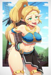  absurdres ahegao alternate_costume bare_legs blonde_hair blush breasts breath_of_the_wild drool elf elf_ears femsub happy_trance harem_outfit large_breasts legs liesday messy_hair midriff navel nintendo open_mouth ponytail princess princess_zelda smile solo the_legend_of_zelda tongue tongue_out 