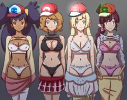  blonde_hair blue_eyes bra breasts brown_eyes chloe_cerise dark_skin earrings electrickronos erect_nipples erect_nipples_under_clothes eyebrows_visible_through_hair female_only femsub glowing green_eyes happy_trance hat hypnotic_accessory hypnotic_clothing iris large_breasts lillie_(pokemon) long_hair midriff multiple_girls multiple_subs navel nintendo open_clothes panties pokemon pokemon_(anime) pokemon_black_and_white pokemon_journeys pokemon_sun_and_moon pokemon_x_and_y ponytail purple_hair red_hair serena shirt shirt_lift short_hair skirt smile standing standing_at_attention thighhighs twintails underwear 