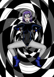 dc_comics eldealla erect_nipples erect_nipples_under_clothes female_only leotard nipple_tweak nipples open_mouth purple_hair raven spiral spiral_eyes squatting teen_titans tongue