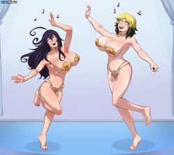  27lsd absurdres ahoge barefoot black_hair blonde_hair dancing erika_(er-ikaa) female_only femsub harem_outfit hypno-tan large_breasts long_hair multicolored_hair multiple_girls multiple_subs navel necklace open_mouth original pussy see-through short_hair spiral_eyes symbol_in_eyes watermark 