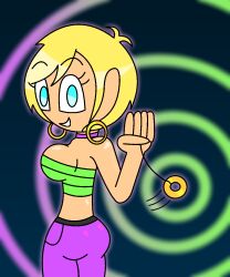  ahoge androgynous_sub blonde_hair blue_eyes choker dragon_ball dragon_ball_z earrings erasa eyebrows_visible_through_hair femdom hypnoscream large_ass large_breasts looking_at_viewer looking_back pants pendulum pov_sub ring_background shiny_hair shiny_skin short_hair simple_background smile solo tube_top 