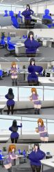 absurdres aware black_hair business_suit calusteri closed_eyes clothed dialogue english_text huge_breasts jean_shorts jeans long_hair multiple_boys multiple_girls office office_lady orange_eyes orange_hair original purple_eyes short_hair shorts text