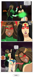 ass ass_focus bare_legs black_hair brown_hair comic dark_skin dc_comics dialogue dlobo777 female_only femsub green_lantern green_lantern_(series) hypnotic_accessory hypnotized_hypnotist jessica_cruz large_ass red_eyes super_hero text vampire wonder_woman
