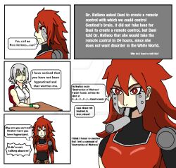 breasts comic doudile dr._relleno_(doudile) empty_eyes femdom femsub green_eyes large_breasts original red_eyes red_hair robot sentinel_(doudile) silver_hair tech_control text very_long_hair watermark weapon white_background