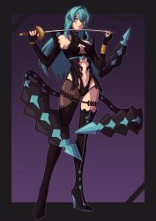  absurdres blue_hair boots border bracelet breasts corruption eirika_(fire_emblem) eye_color_change eyebrows_visible_through_hair female_only femsub fingerless_gloves fire_emblem fire_emblem_the_sacred_stones gloves gradient_background hair_color_change high_heels kronya_outfit long_hair nintendo opera_gloves purple_background signature simple_background smile solo sword underboob victoriamikoto weapon 