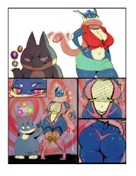  absurdres ass boots breasts comic drool femsub fishnets furry greninja holding_hands hypnotic_magic kaa_eyes large_breasts magic maledom munchlax nintendo pokemon pokemon_(creature) redfred thigh_boots thong 