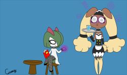  animals_only bunny_girl female_only femdom femsub fishnets happy_trance kirlia lopunny magic maid maid_headdress nintendo pokemon pokemon_(creature) shyker simple_background size_difference soropin spiral_eyes standing standing_at_attention symbol_in_eyes thighhighs tray 