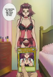 ai_art akiza_izinski bed bedroom cameltoe card choker empty_eyes english_text expressionless femsub garter_belt garter_straps hair_ornament hellsing002_(generator) jewelry large_breasts lingerie lipstick makeup maledom nail_polish soul_removal speech_bubble standing_at_attention yu-gi-oh! yu-gi-oh!_5d&#039;s