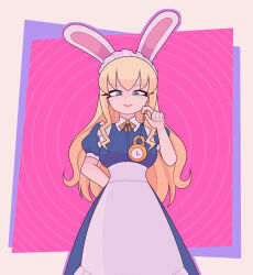 arms_behind_back blonde_hair bow_tie bunny_ears clock dress eyebrows_visible_through_hair female_only femdom long_hair long_skirt looking_at_viewer maid_headdress pendulum pov pov_sub rakuma-imp smile solo spiral_background