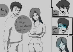  absurdres black_hair breasts comic dialogue empty_eyes english_text expressionless femsub glowing glowing_eyes greyscale humor large_breasts long_hair magic maledom meme nexus_light open_mouth original text 
