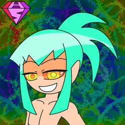  aged_up androgynous_sub collarbone eyebrows_visible_through_hair green_eyes hypnoscream leo maledom ponytail pov_sub ring_eyes seductive_smile shiny_hair simple_background smile smug topless yellow_eyes yu-gi-oh! yu-gi-oh!_5d's 