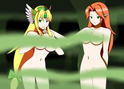 blonde_hair bottomless breasts censor_steam censored crystal elf_ears expressionless female_only femsub green_eyes headband holding_breasts large_breasts long_hair malon mana_(series) multiple_girls navel nintendo nude ocarina_of_time orange_hair riesz_(mana) sendy1992 simple_background standing the_legend_of_zelda topless trials_of_mana very_long_hair