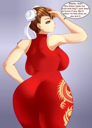  absurdres ass ass_focus bare_shoulders breasts brown_hair capcom chun-li double_hair_bun female_only femsub hair_bun_covers hair_buns icontrol_(manipper) large_ass large_breasts looking_at_viewer looking_back manip short_hair solo sowilo spiral_eyes street_fighter symbol_in_eyes text 