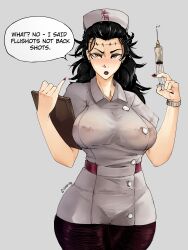 black_hair blush clipboard clothed dialogue english_text female_only femsub genderswap humor jujutsu_kaisen kenjaku needle nurse orange_eyes possession simple_background sindio solo stitches suguru_geto text white_background