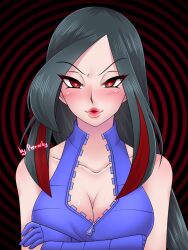  black_hair blush breasts evil_smile female_only femdom gloves heart heart_eyes large_breasts lipstick lucy_(pokemon) multicolored_hair nintendo pokemon pokemon_ruby_sapphire_and_emerald porniky puckered_lips red_eyes signature smile spiral symbol_in_eyes 