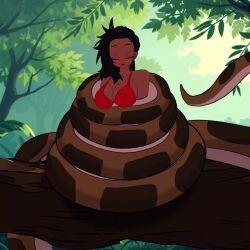 animated bikini bikini_top black_hair blush coils dark_skin disney kaa kaa_eyes kara_the_jungle_girl kvfx large_breasts nude original sleeping snake the_jungle_book undressing video