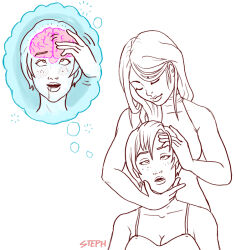 brain closed_eyes dazed drool eye_roll female_only femdom freckles greyscale lineart long_hair multiple_girls open_mouth original short_hair sleepystephbot thought_bubble white_background x-ray