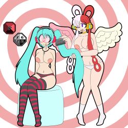  bare_shoulders blue_hair breasts collarbone drool earpiece eyebrows_visible_through_hair eyeshadow female_only femdom femsub hair_covering_one_eye happy_trance headphones large_breasts long_hair miku_hatsune multicolored_hair necklace nipples one_eye_open one_piece panties pink_hair purple_eyes red_eyes red_hair smile socks spiral_background spiralwash_eyes thick_thighs thighhighs thighs topless twintails uta_(one_piece) vocaloid wings zombi62 