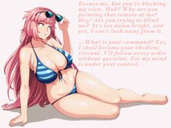 bikini breasts caption cleavage collarbone dazed female_only femsub girls_frontline glowing glowing_eyes icontrol_(manipper) jmg large_breasts large_hips long_hair looking_at_viewer manip navel ntw-20_(girls_frontline) pink_hair sunglasses swimsuit tech_control text