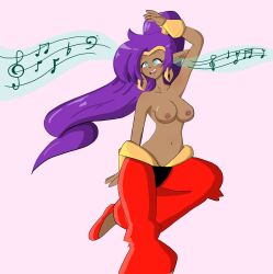 a_singular_fish arms_above_head blue_eyes breasts circlet collarbone dark_skin earrings elf_ears female_only femsub hypnotic_music music nipples open_mouth pants ponytail shantae shantae_(series) simple_background smile solo spiral_eyes symbol_in_eyes tagme topless very_long_hair white_background