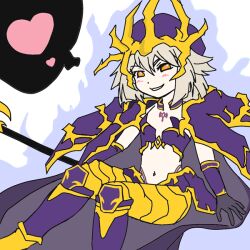 alternate_costume artist_request aura blush body_markings bozel_(langrisser) cape corruption evil_smile femsub floating gloves grey_hair happy_trance heart helmet langrisser licorice_(langrisser) midriff navel orange_eyes possession short_hair smile speech_bubble staff tattoo