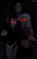 3d black_hair cape corruption dc_comics fangs female_only femdom femsub glowing_eyes grey_skin hypnolordx looking_at_viewer multiple_subs orange_skin raven red_eyes signature silver_hair source_filmmaker starfire super_hero vampire white_hair