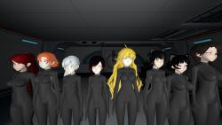 3d absurdres blake_belladonna bodysuit breasts cinder_fall collar drone empty_eyes expressionless femsub graybot harem hypnotic_accessory kali_belladonna large_breasts multiple_girls nora_valkyrie ponytail pyrrha_nikos red_hair ruby_rose rwby standing standing_at_attention tech_control tepmarmy weiss_schnee yang_xiao_long