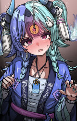  achichi_mela blue_hair blush clothed confused female_only femsub glowing green_hair hololive horns multicolored_hair nail_polish pendulum short_hair solo spiral_eyes sweat tanau trembling 