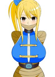  absurdres belt blonde_hair blush bondage breasts brown_eyes collar empty_eyes face_mask fairy_tail female_only hair_ribbon huge_breasts long_hair lucy_heartfilia mian ponytail smile solo white_background 