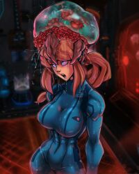  absurdres alien androgynous androgynous_dom blonde_hair blue_eyes bodysuit brain_injection breasts drool eyeshadow female_only femsub glowing glowing_eyes large_breasts lipstick metroid metroid_(series) nintendo open_mouth parasite ponytail reliusmax samus_aran solo standing zero_suit 