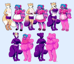 before_and_after blackshirtboy blow-up_doll breasts comic cow_girl dollification erection fox_boy furry large_breasts multicolored_hair orange_hair original pastel penis pink_hair pink_skin purple_skin transformation transgender udders