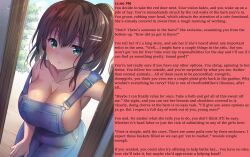  breasts brown_hair caption caption_only cleavage femdom green_eyes jeans large_breasts male_pov manip overlordmiles_(manipper) pov pov_sub sanshoku_amido text 