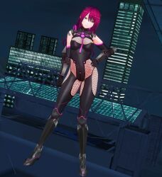  3d before_and_after bodysuit boots custom_maid_3d_2 dfish303 female_only femsub fishnets gloves high_heels long_hair looking_at_viewer nipples opera_gloves original pink_hair solo standing thighhighs yellow_eyes 