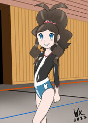 bare_legs blue_eyes braces brown_hair empty_eyes female_only femsub gym_uniform hair_ornament happy_trance hilda long_hair looking_at_viewer nintendo pokemon ponytail smile solo standing tagme weirdfoxx