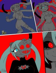 blue_hair bodysuit cat_ears comic dronification eyebrows_visible_through_hair female_only femsub mask miku_hatsune rakuma-imp red_eyes resisting robot sonic_the_hedgehog_(series) tech_control twintails vocaloid