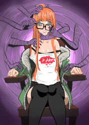  ahoge blush chair chin_hold cleavage clothed collarbone drool femsub futaba_sakura glasses hand_on_head jacket knees_together long_hair majinsfw open_mouth orange_hair persona_(series) persona_5 phantom_hand restrained shirt sitting spiral_background spiralwash_eyes thighhighs 