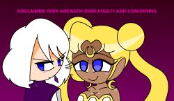 aged_up alternate_color_scheme assertive_sub bare_shoulders blonde_hair blue_eyes blush cape cleavage consensual dark_skin earrings empty_eyes eyebrows_visible_through_hair femsub gradi happy_trance hypnoscream large_breasts love maledom pink_background prince_demande sailor_moon sailor_moon_(series) shiny_hair shiny_skin simple_background smile sweat twintails white_hair