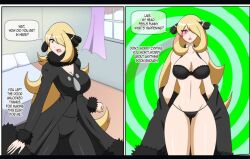 altered_common_sense black_panties blonde_hair bra comic cynthia dlobo777 empty_eyes english_text female_only femsub fur_coat nintendo pokemon pokemon_diamond_pearl_and_platinum spiral text underwear undressing